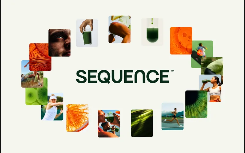 Sequence wordmark ringed by athlete and ingredient photography